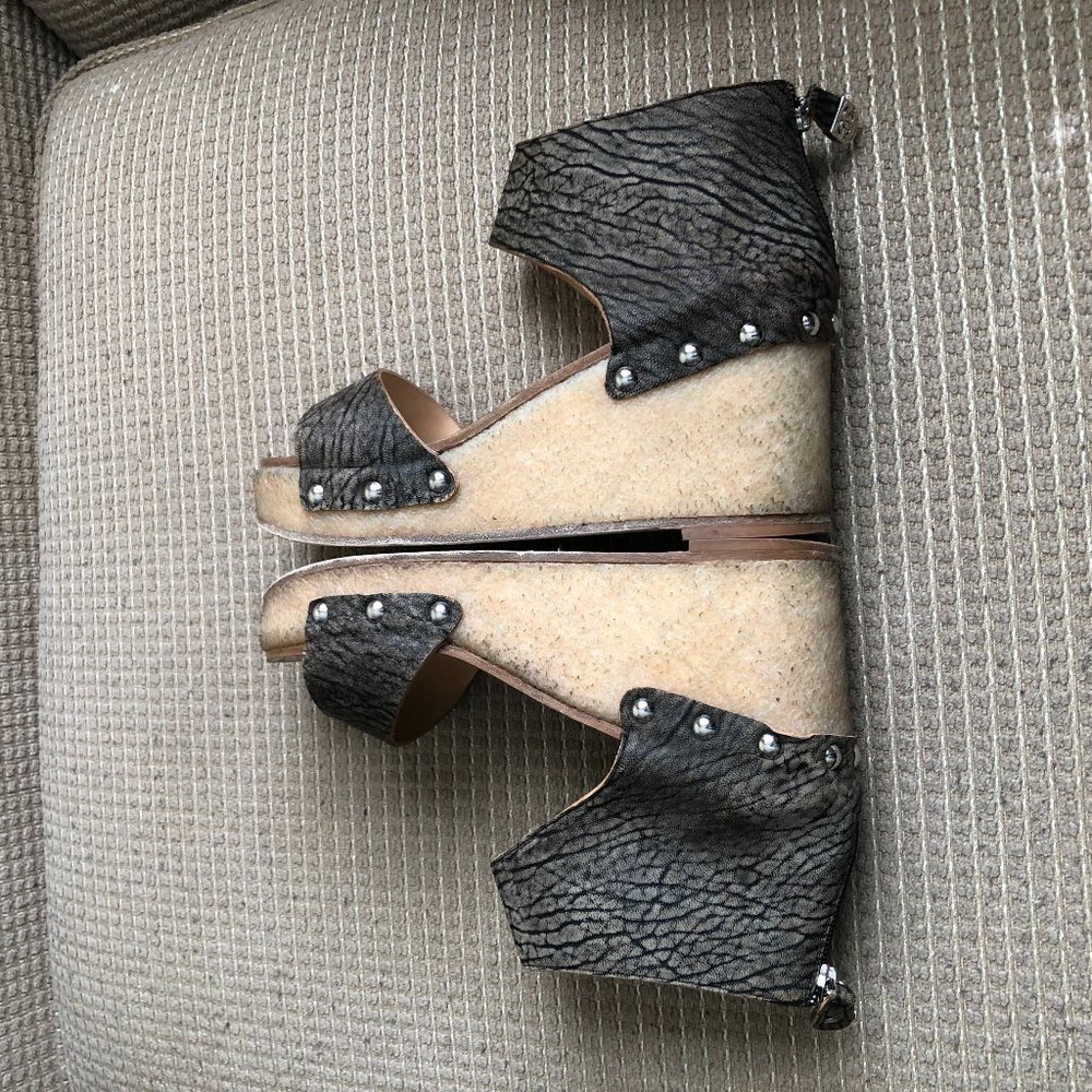 Chanel Women's Gray/Black Animal Print Leather Wedge Sandals. - Picture 8 of 13